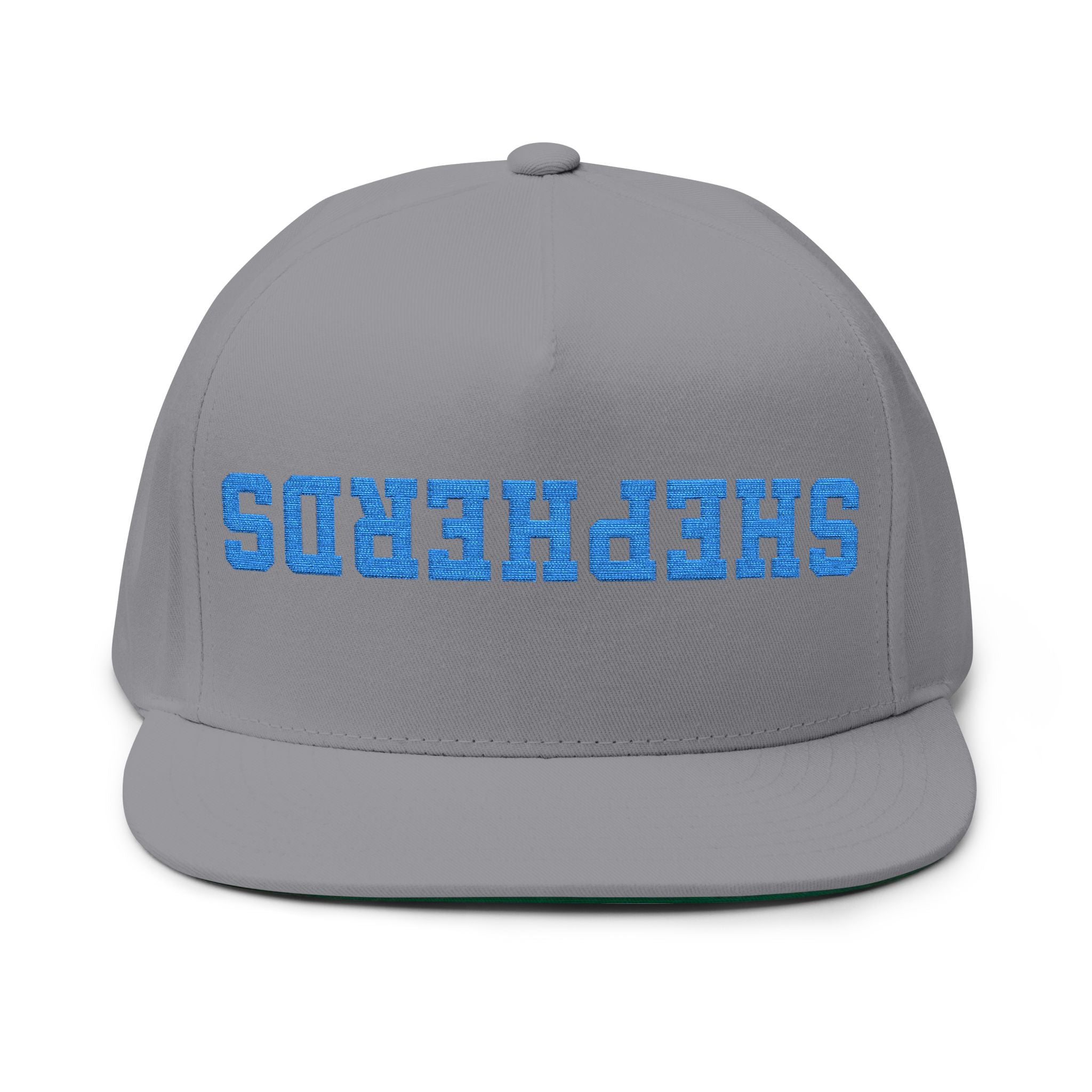 SHEPHERDS embroidered flat bill cap, blue varsity lettering | snapback hat