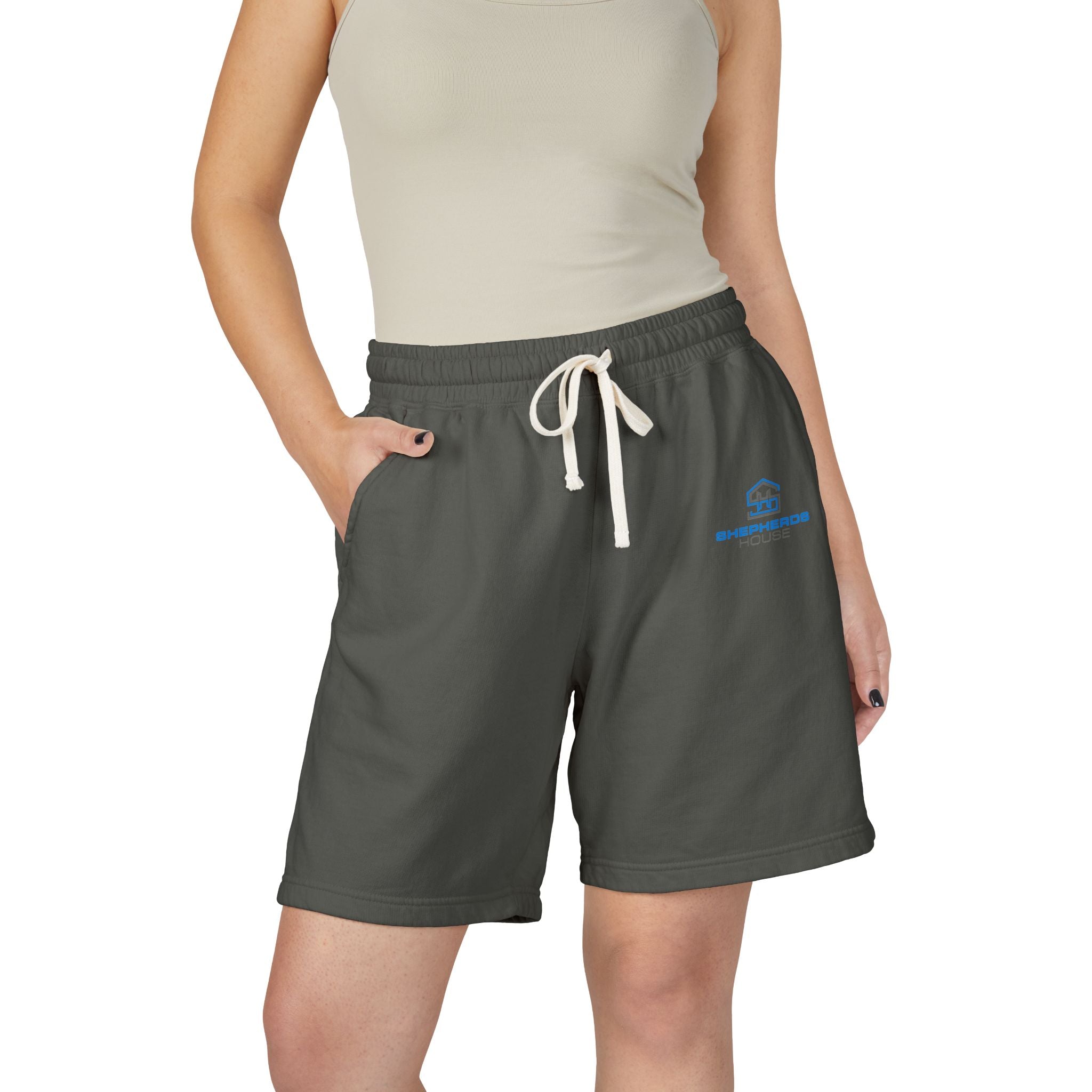 Sheepshead House logo Sweat Shorts | Minimal cabin logo shorts