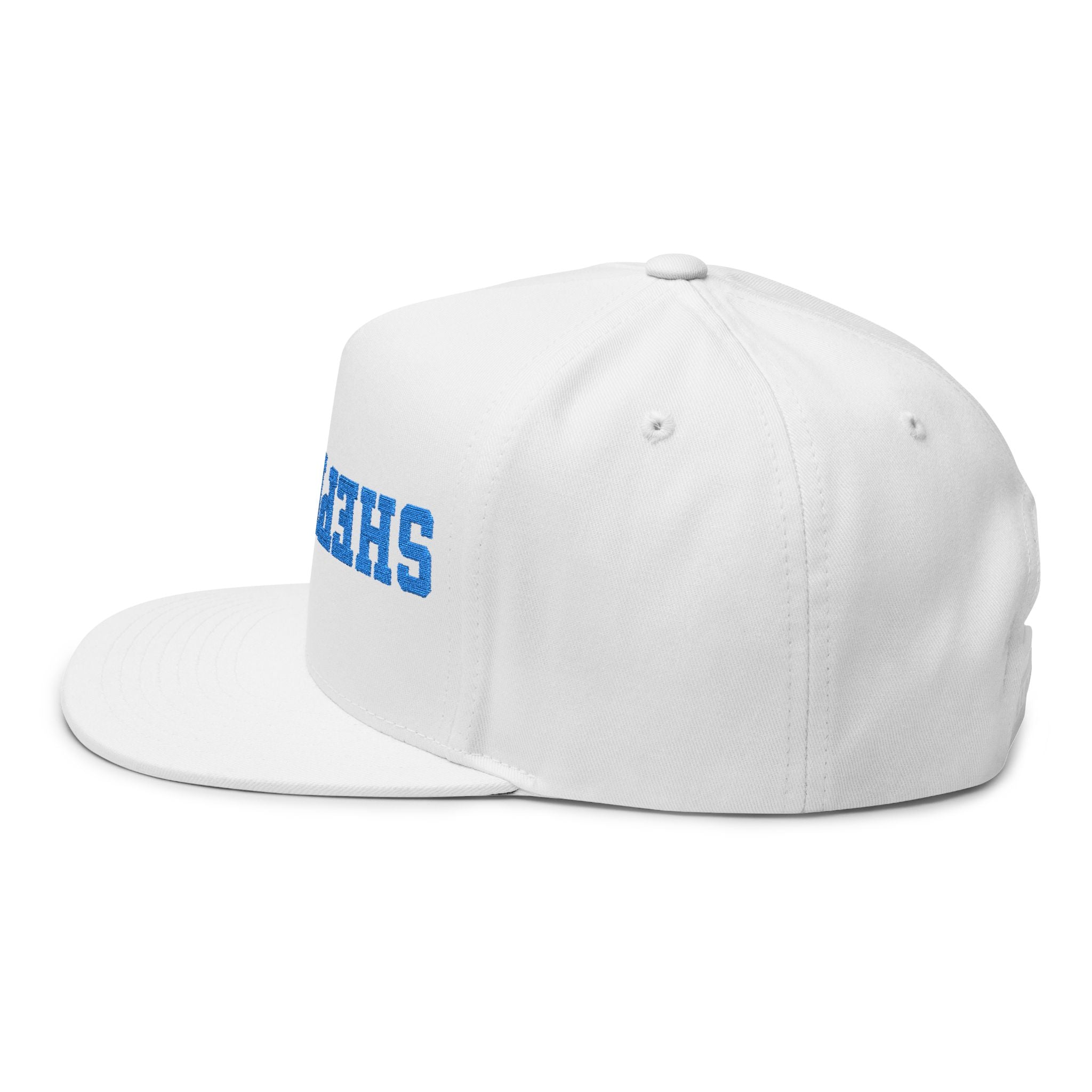 SHEPHERDS embroidered flat bill cap, blue varsity lettering | snapback hat