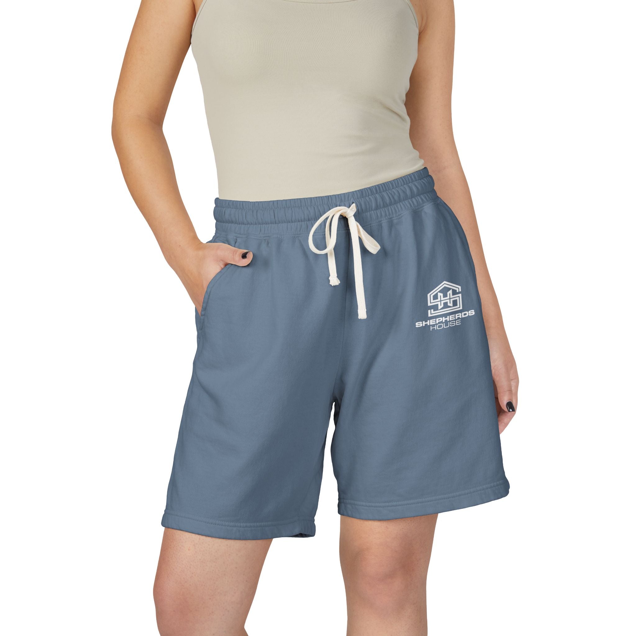Sheepshead House logo Sweat Shorts | Minimal cabin logo shorts
