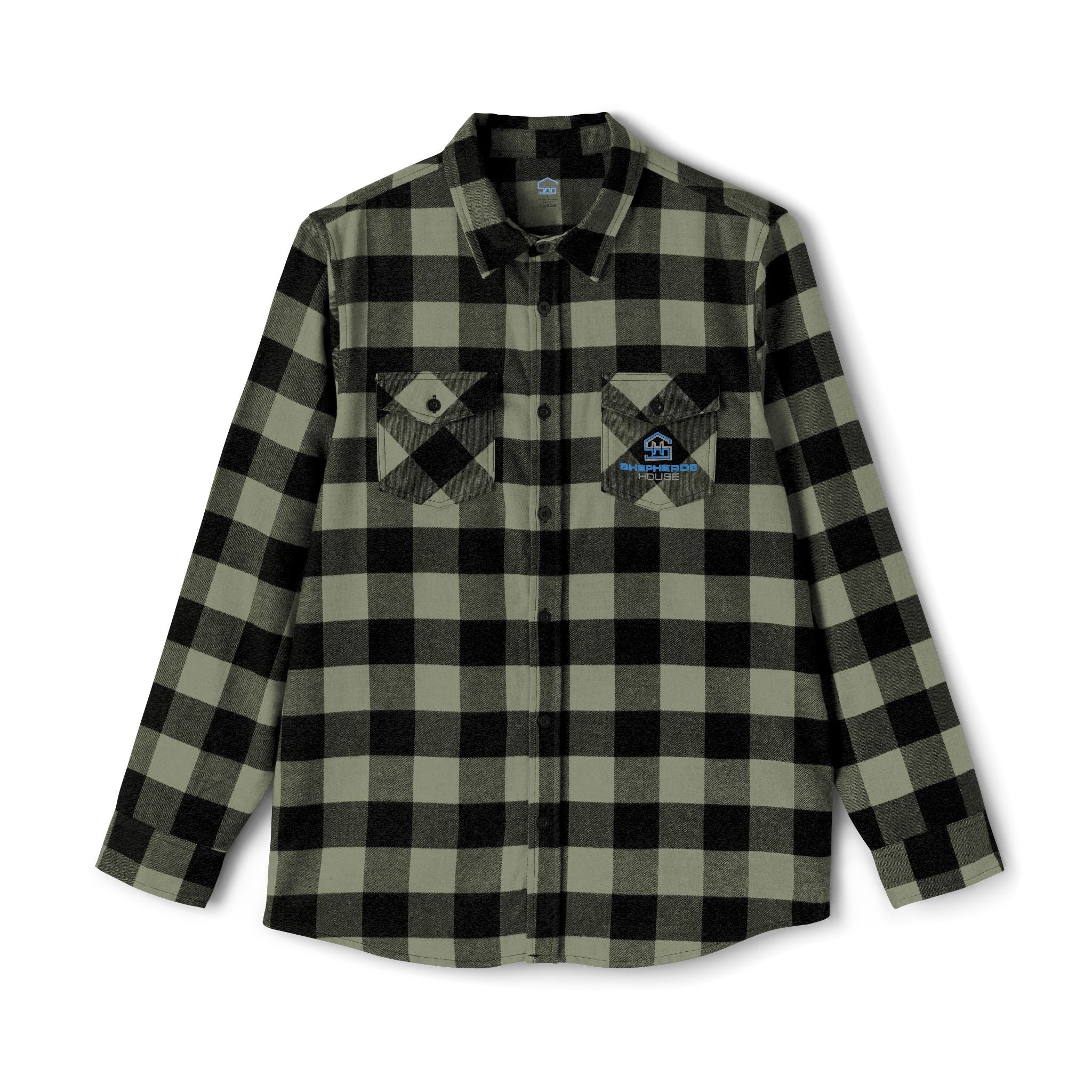 Plaid Flannel Shirt — Olive & Black Buffalo Check with Chest Patch