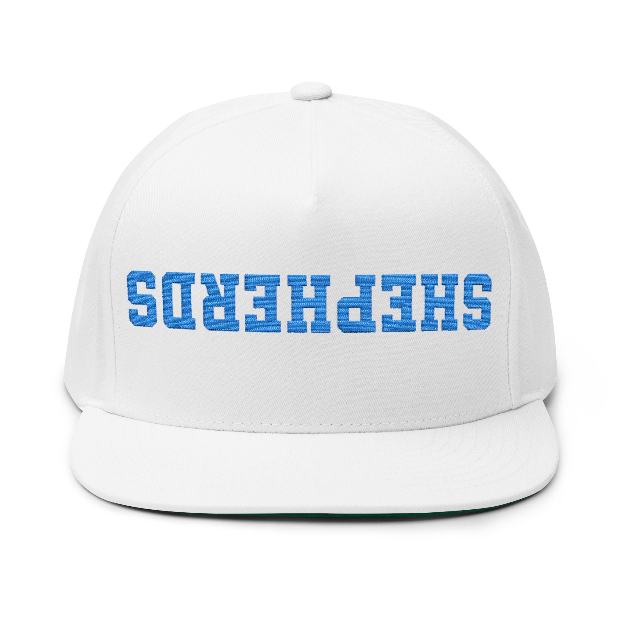 SHEPHERDS embroidered flat bill cap, blue varsity lettering | snapback hat