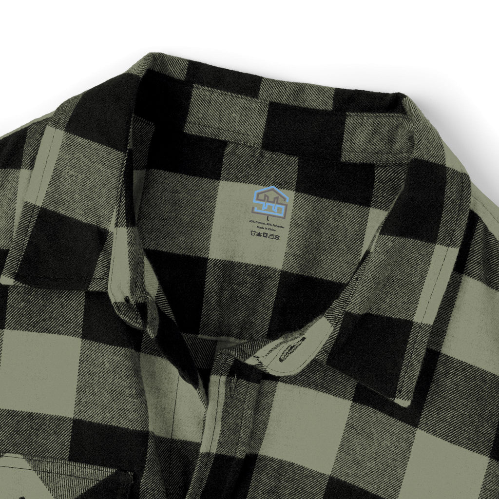 Plaid Flannel Shirt — Olive & Black Buffalo Check with Chest Patch