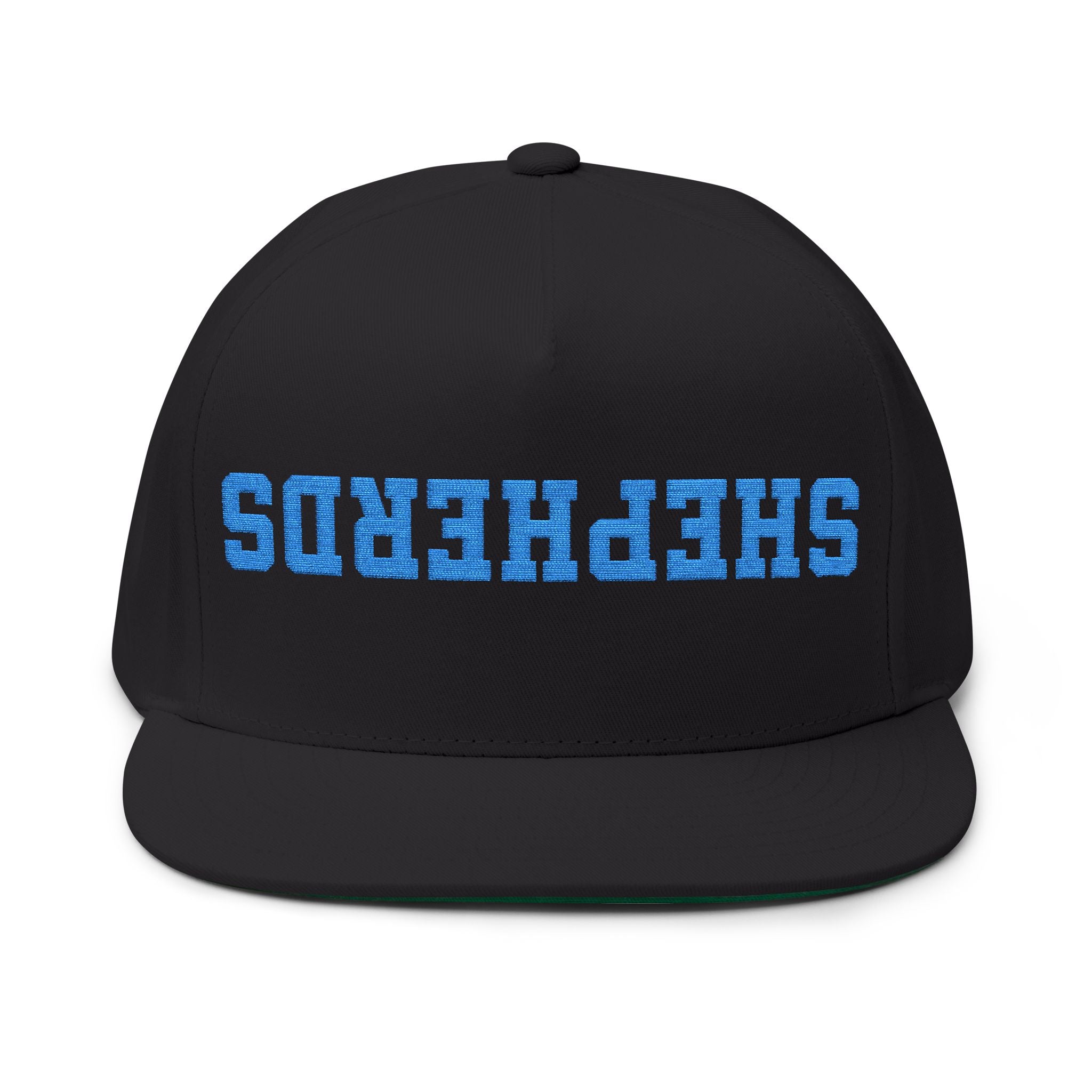 SHEPHERDS embroidered flat bill cap, blue varsity lettering | snapback hat